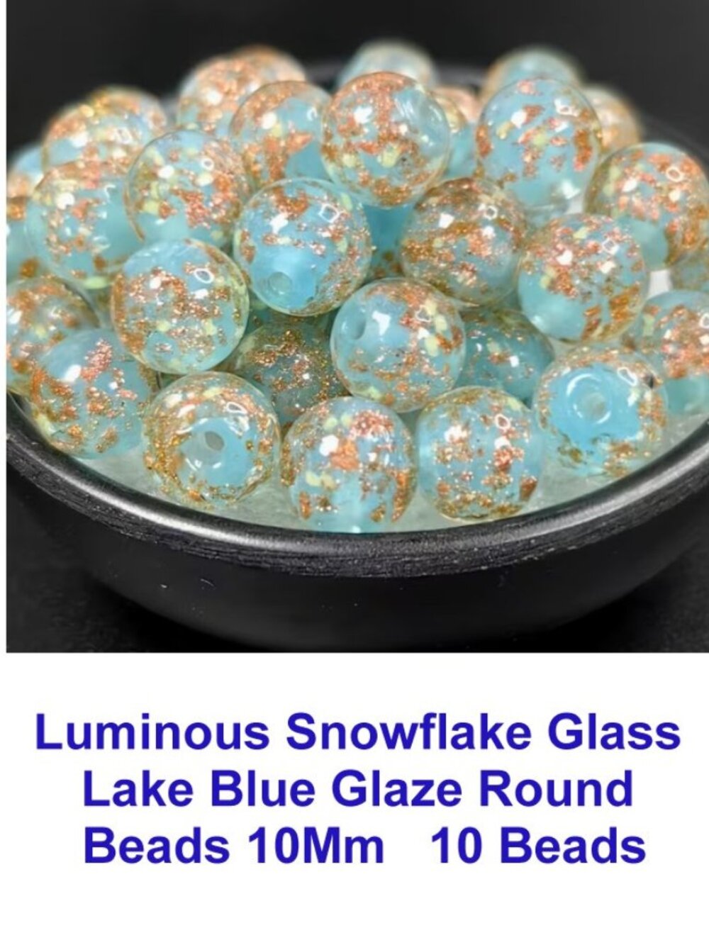 Luminous Snowflake Glass Beads  Lake Blue Glaze Round Beads 10Mm   10 Beads